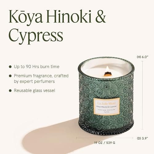 LA JOLIE MUSE Kōya Hinoki & Cypress Scented Candle – Pine, Leather & Hinoki | 19 oz Festive Christmas Candle | Wooden Wick | Clean Burn & Vibrant Scent | Fun Gift for Hosts & Fall Tablescapes thumbnail 6