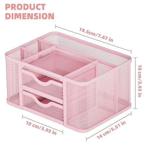 Marbrasse Mesh Desk Organizer, Pen Organizer with 2 Drawer, Multi-Functional Pencil Holder, Desk Organizers and Accessories with 5 Compartments + Drawer for Office Art Supplies (Pink) thumbnail 3