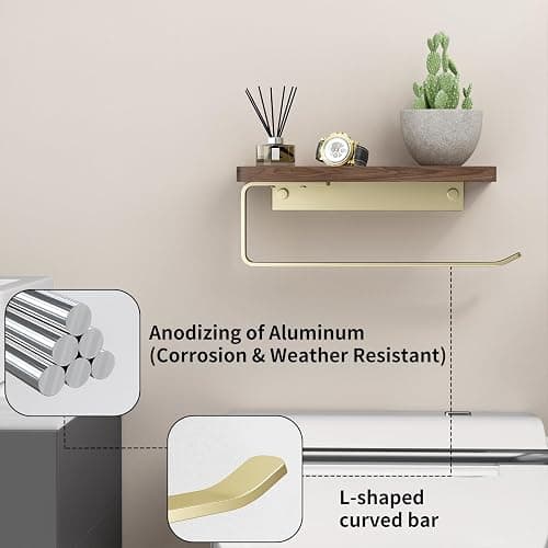 Danpoo Brushed Gold Paper Towel Holder Wall Mount, with Natural Walnut Shelf – Elegant Kitchen & Bathroom Organizer thumbnail 8