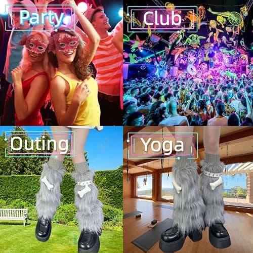 CHERSE Furry Leg Warmers for Women 3in1 Kawaii Star Bone Plush Y2K Leg Socks Pink Lolita Faux Fur 80s Harajuku Punk Gothic thumbnail 6
