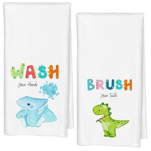Qabliqo Cartoon Dinosaurs Bathroom Hand Towels, Dinosaur Bathroom Decor, Brush and Wash Cute Dino Decorative Hand Towels for Kids Bath Room Washroom, 16x24 Inch Set of 2 - Cartoon Dinosaurs Bathroom - Image 1