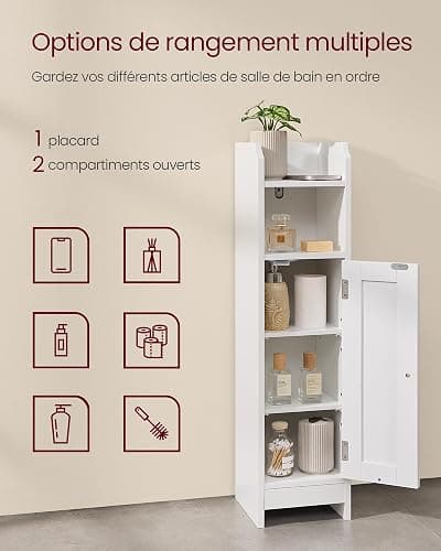 VASAGLE Meuble de Salle de Bain, Armoire d’Angle avec Porte et Étagères, Organisateur de Rangement, Meuble Étroit pour Papier Toilette, Étagères Réglables, 20 x 18 x 80 cm, Blanc Nuage BBC310W01 thumbnail 7