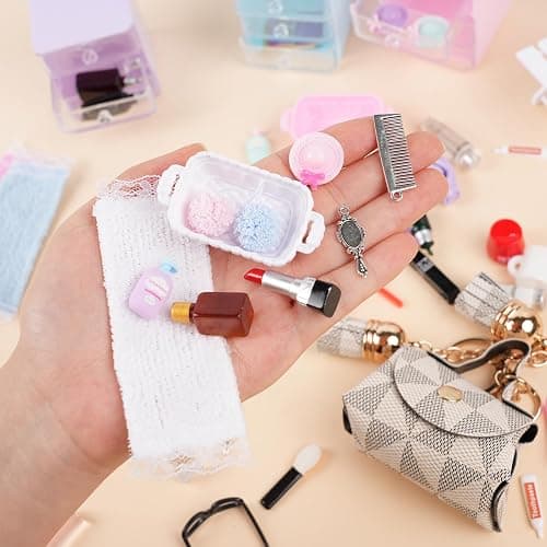 BeadRiver 77 Pcs Miniature Dollhouse Accessories, Dollhouse Bathroom Accessories Set with Storage Cases Cosmetic Set Towel Shampoo Perfume Hair Dryer Comb Mask Soap Toiletries Set for Girl Micro Scene thumbnail 4