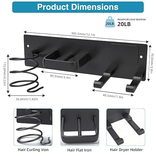 Dovyn Hair Dryer Holder Curling Iron Holder 3 in 1 Blow Dryer Holder for Wall Curling Iron Holder Wall Mount Flat Holder (Black) thumbnail 3