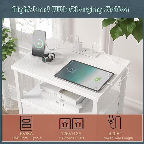 sthmec Nightstand with Charging Station,LED White Nightstands with 5 Fabric Drawers PU Finish, Bedside End Tables, 2-Tier Open Storage Shelf Side Table Nightstand with Drawers for Bedroom,White thumbnail 4