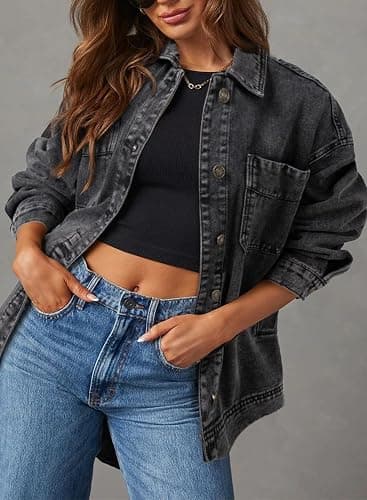 Sidefeel Women's Jean Jacket Oversized Boyfriend Button Up Long Sleeve Split Zimbaplatinum Denim Jackets thumbnail 3