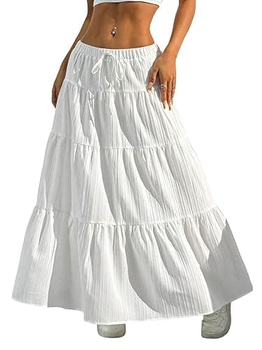Xuani Maxi Skirts for Women Ruffle Hem A Line Long Skirts Elastic Waist Elegant Tiered Layer Boho Long Dress
