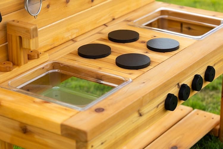 Noble Toys XL Cedar Outdoor Mud Kitchen Centered with Backsplash and Stovetop for Toddlers Kids | Pretend Play Table | Sensory Table | Outside Playset | Real Wooden Kitchens | Preschool Equipment thumbnail 9