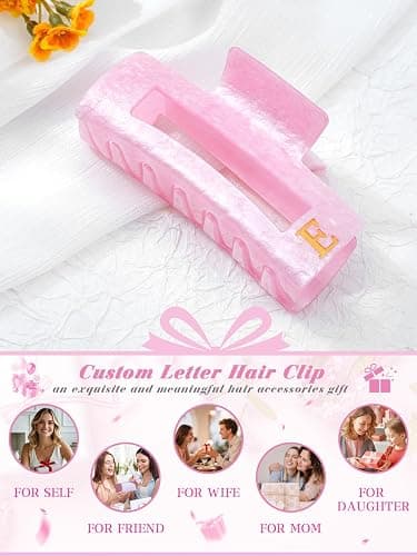 ACECHA 3.9" Gold Square Initial Hair Claw Clip - Gift for Women | custom hair clips, square, cute & sparkly monogrammed hairclip, ideal for daily wear birthday christmas, pink letter E thumbnail 5