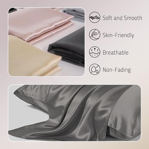Gabire Mulberry Silk Pillow Cases Set of 2, Both Sides Real Silk Pillowcase for Hair and Skin Prevent Acne Pillowcase Organic Silk Pillow case 2 Pack with Hidden Zipper, Grey, Standard (20"×26") thumbnail 2