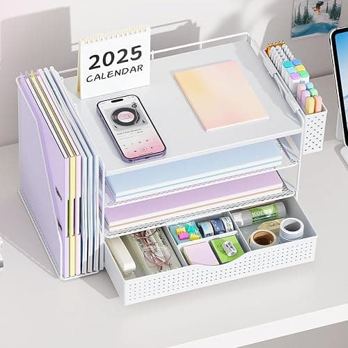 gianotter Wood Desk Organizers and Accessories with File Holder, 4-Tier Desk Accessories & Workspace Organizers with Drawer and Pen Holder, Paper Organizer for Office Supplies (White) thumbnail 6