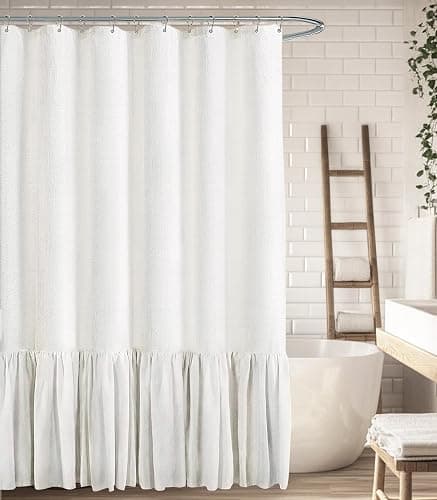 XOGUIBO Farmhouse Shower Curtain with Ruffle Hem Linen White Shower Curtains for Bathroom Country Vintage Rustic Natural Fabric, 72" W x 72" L - Image 1