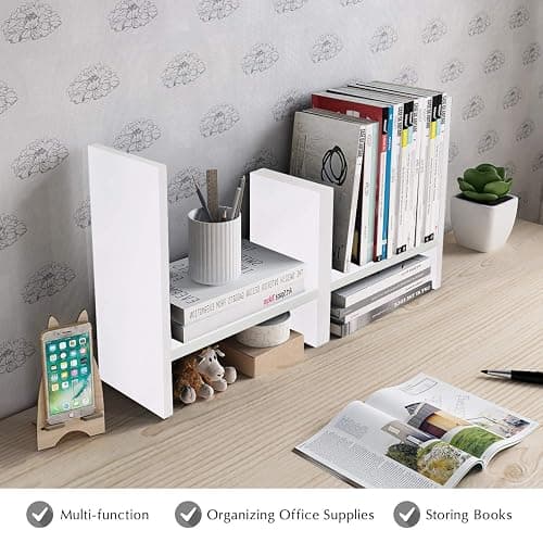 Jerry & Maggie Desktop Organizer Office Storage Rack Adjustable Wood Display Shelf Free Style Double H, Multi-Functional Mini Bookshelf for Desk Natural Stand (White) thumbnail 8