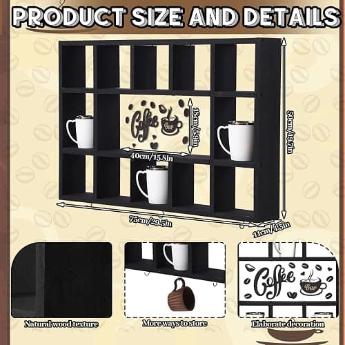 Cinnvoice Oversize Coffee Mug Display Shelf for Wall Wood Coffee Mug Rack Wall Mounted Shelf Cubes Cup Hooks Hanger with Bar Sign Decor for Kitchen Station Bar Accessories(Black) thumbnail 2