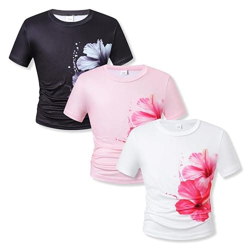 Cakaner Girl's 3 Packs Summer Shirts Short Sleeve Ruched Graphic T-Shirt Size 7-14 - Image 1