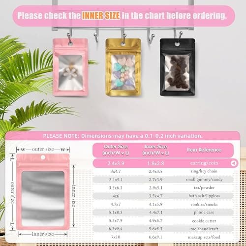 FUNFERY 100 Pack Mylar Resealable Bags Foil Packaging Bags with Frosted Clear Window, Zipper Bag Smell Proof Pouch for Food Storage, Cookies, Sample, Small Business(Pink, 2.4x3.9inch) thumbnail 2