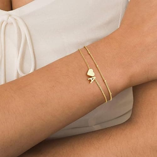 M MOOHAM Heart Initial Bracelets for Women Teen Girls, Letter A-Z Bracelet | 14K Gold Plated, Dainty Layered Heart Initial Bracelet, Personalized Birthday Gifts for Women Back to School Gifts for Girls thumbnail 2