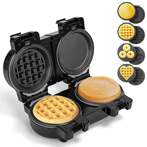 Mini Waffles Maker with 8 Removable Plates, 4 in 1 Double Small Waffle Maker Mini- Waffle, Heart Waffle, Pancake, Donut, 5" Non Stick Waffle Iron for Kids, Separately Controllable with Button - Image 1