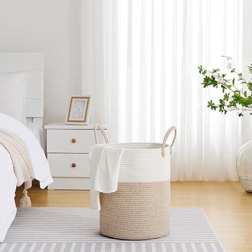 VIPOSCO Large Laundry Hamper, Tall Woven Rope Storage Basket for Blanket, Toys, Dirty Clothes in Living Room, Bathroom, Bedroom - 53L White & Brown thumbnail 5
