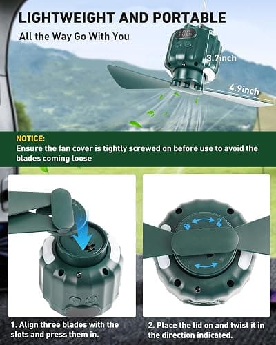 DUKUSEEK Tent Ceiling Fans for Camping Hanging, Portable Tent Fans with Light and Remote Control, Power Bank, USB Battery Operated Camping Fan with Hanging Hook for Outdoor, Car, RV thumbnail 3