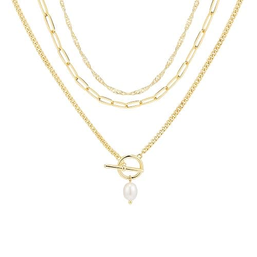 Poxtex Layered Gold Necklaces for Women,Stackable Dainty 14K Gold Silver Plated Trendy Circle Paperclip Chain Pendant Choker Necklace,Simpl Diamond Cross Bow Jewelry Set Gifts for Women - Image 1