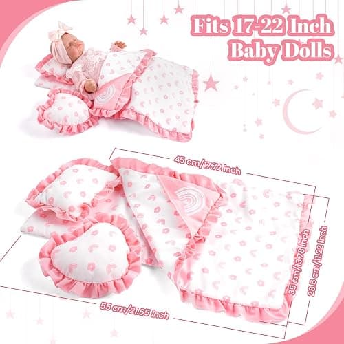 BABESIDE 4 Pcs Baby Doll Blankets Set for 17-22 Inch Baby Dolls | Pink Flower & Rainbow Patterns Reborn Baby Doll Accessories Dolls Blankets with Pillows fits Baby Doll Bed Accessories thumbnail 3