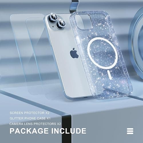 Choiche Compatible for iPhone 15 Case Magnetic, Women Clear Glitter Bling Sparkly Case, [2xDiamond Camera Lens Protectors] [2xTempered Glass Screen Protectors] [Compatible MagSafe] (Glitter Blue) thumbnail 8