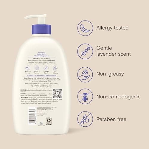 Aveeno Stress Relief Moisturizing Body Lotion, Lavender Scent with Prebiotic Oat for Sensitive Skin, Lightly Scented Lotion with 48-Hour Hydration, Fast Absorbing, Non-Greasy, Value Size 33 Fl Oz thumbnail 9