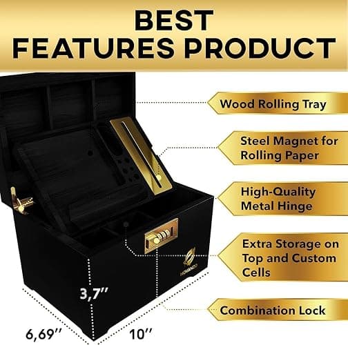 HOVANZO Premium Large Bamboo Storage Box with Removable Tray - Storage Wood Box for Herbs and Accessories - Storage Box Set with Combination Lock - Smell Proof Container with Accessories thumbnail 2