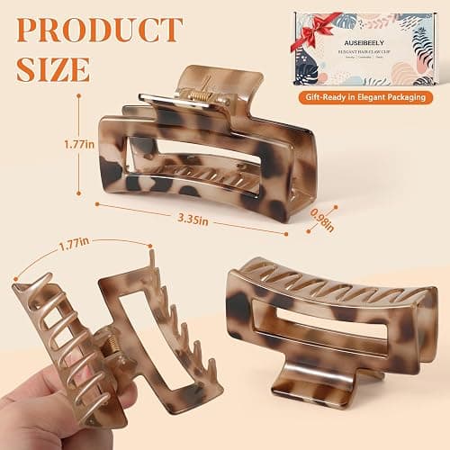Auseibeely 6 Pcs Rectangle Tortoise Shell Claw Clip - 3.35 Inch Medium Hair Clips for Women and Girls, Non-slip Square Claw Clips for Thick/Thin Hair, Banana Jaw Clips Accessories for Christmas Gift thumbnail 2