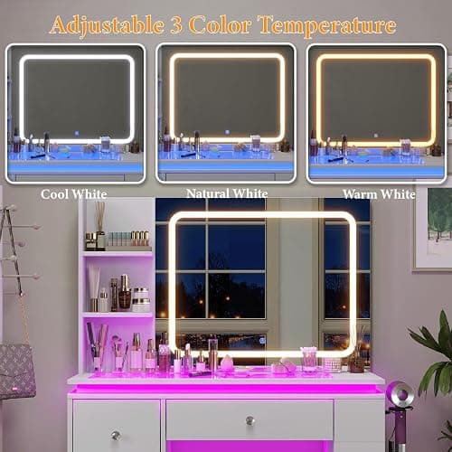 HuaYing White Vanity Desk with Illuminated Mirror & Power Outlet, Bedroom Dresser LED Mirror Stepless Dimmable & 3 Color Modes Adjustable RGB Drawers, for Women Girls Bedroom（Pure White thumbnail 4