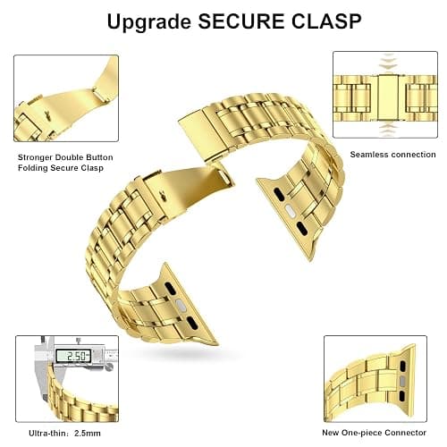 MioHHR Solid Stainless Steel Band Compatible with Apple Watch 38mm(Series 3/2/1) 40mm(Series SE/6/5/4) 41mm(Series 9/8/7) Metal Strap with Soft TPU Case for iWatch Bands for Women and Men, Gold thumbnail 3