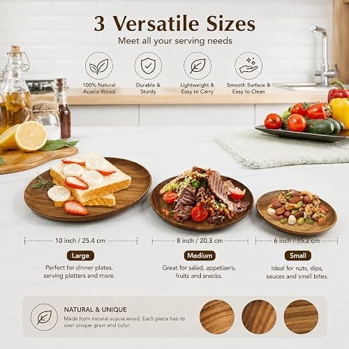 MinBoo Wooden Acacia Plates set of 3, 9-6Inch Wood Acacia Serving Trays, Farmhouse Kitchen Plates, Reusable Wooden Dishware for Dining, Appetizers, Snacks, Parties (oval) thumbnail 2