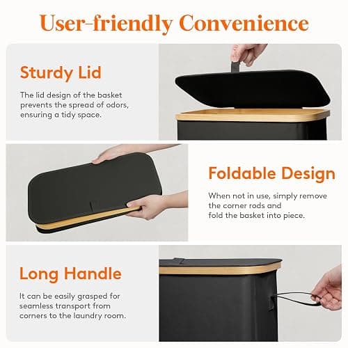 Lifewit 65L Slim Laundry Hamper with Lid, Narrow Laundry Basket with Removable Bag & Bamboo Handles, Fodable Thin Dirty Clothes Hamper for Laundry Collapsible Bin for Bathroom Bedroom Dorm, Black thumbnail 5