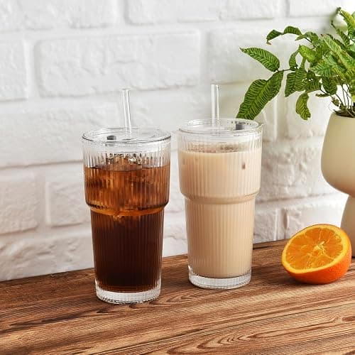 ALINK 2 Pack 20 oz Ribbed Glass Tumblers with Lids and Straws Glassware Cups Set, Thickened Glass, Ideal for Iced Coffee, Smoothies, Cocktails,Juices thumbnail 6