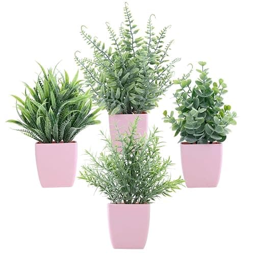 summer flower 4 Pack Small Fake Plants in Pink Pot Artificial Plant Indoor Eucalyptus Wheat Grass Ferns Rosemary Faux Greenery for Room Decor Home Office Desk Bathroom Kitchen Living Room Decorations - Image 1