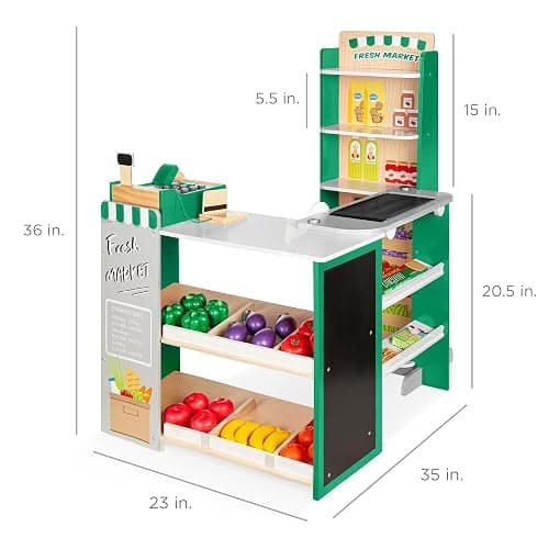 Best Choice Products Pretend Play Grocery Store Wooden Supermarket Toy Set for Kids w/Play Food, Chalkboard, Cash Register, Working Conveyor - Green thumbnail 2