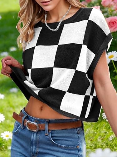 Womens Cute Summer Tops 2026 Short Cap Sleeve Sweater Color Block Trendy Crop Top Knit Vest Checkered Work Shirts Outfits thumbnail 3