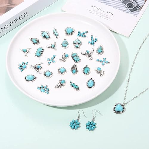 NVENF 32PCS Western Charms for Jewelry Making, Synthetic Turquoise Vintage Cactus Heart Flower Lightning Cowboy Boot Pendant for Bracelet Necklace Earring DIY Crafts thumbnail 3