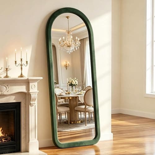 NEUWEABY Full Length Mirror 56"x20" Arch Floor Mirror with Stand Arched Full Body Mirror Standing Hanging or Leaning Against Wall for Bedroom Flannel Wrapped Wooden Frame, Green - Image 1