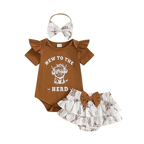 Chloefairy Newborn Baby Girl Western Clothes New to the Herd Romper Cow Print Shorts Set Summer Coming Home Cowgirl Outfit - Brown - 0-3 Months