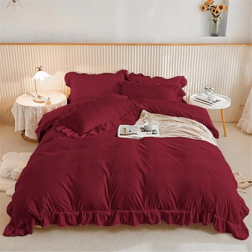 Burgundy Bedding Sets Ruffle Frills Duvet Cover with Zipper Closure Soft Breathable Microfiber Duvet Cover Set Double 200 x 200 cm - Image 1