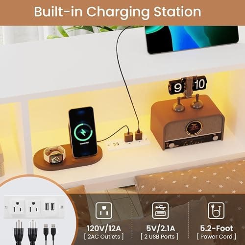 DICTAC Full Corner Bed Frame with Storage Drawers,Bookcase Headboard and Charging Station Full Size Metal Platform Corner Bed Frame with Storage and Led Lights Full Size Daybed for Teen Adult,White thumbnail 5