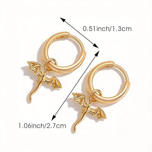 Gold Tiny Dragon Huggie Small Hoop Earrings with Charm, Personalized Animal Drop Dangle Jewelry for Women, Minimalist Gothic Punk Style Accessory and Birthday Present thumbnail 2