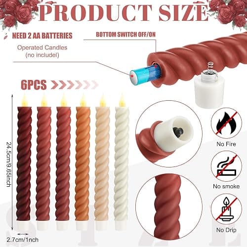Baquler 6 Pcs Fall Flameless Taper Candle Twisted LED 9.65 Inch Fall Taper Candles Battery Operated Twisted Candlesticks for Thanksgiving Harvest Wedding Birthday Home Party Dinner Fireplace Decor thumbnail 2