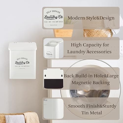 MONJITA Magnetic Lint Bin for Laundry Room, Metal Trash Can with Lid for Dryer, Farmhouse Lint Holder, Laundry Co Sign, Laundry Room Storage Decor with Dryer Lint Brush(White) thumbnail 4