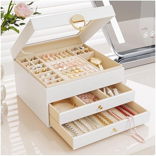 GeeBom Jewelry Box - 3 Layer Jewelry Organizers and Storage with Clear Lid & 2 Drawers,Jewelry Boxes for Women, Watch Necklace Ring Earring Storage Gift Case, Cloud White - Image 1