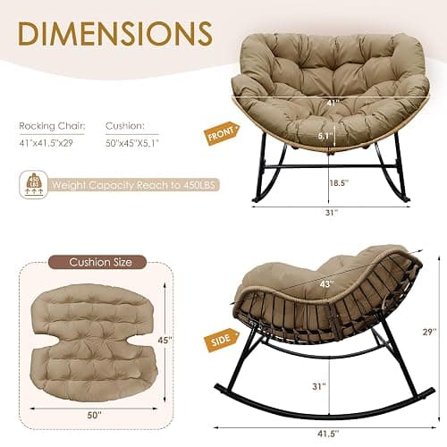 NICESOUL Oversized Papasan Rocking Chair with Cushion, All-Weather Wicker Egg Rocker Indoor Outdoor, 450 lbs Sturdy Comfy Recliner Glider Lounge Chair for Balcony Livingroom Bedroom Porch, Brown thumbnail 2