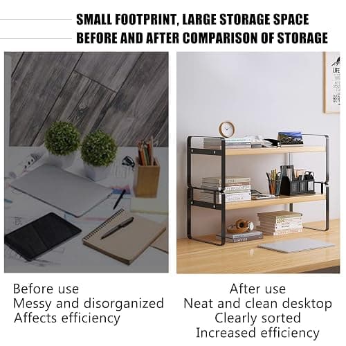 YGYQZ Wood Office Desk Shelf Organizer - Desktop Supplies Cute Dresser Top Organization Storage Rack and Cubicle Decor Aesthetic Bookshelf for Women Man and Kids (Black-Two Tier) - Black-two Tier thumbnail 6