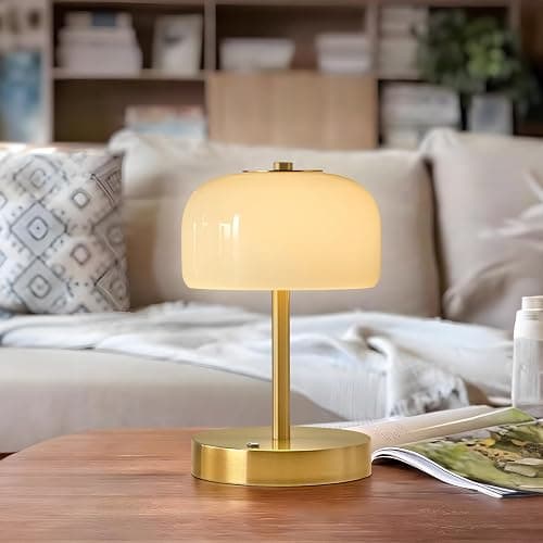PORTRES Cordless Table Lamp Rechargeable Battery Operated Mushroom lamp Opal Glass Shade 3 Way Dimmable LED Touch Outdoor Lamp for Camping Bedroom Dining Living Room Beside Patio Restaurant,Gold thumbnail 8